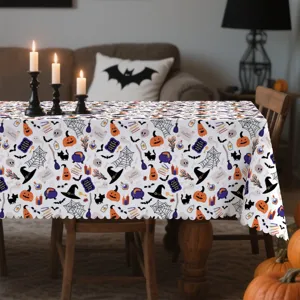 Λεπτομέρεια τραπεζομάντηλου πολυεστέρα Halloween με σχέδιο κολοκύθας φάντασμα μάγισσας.