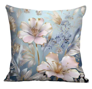 Digital printed decorative pillowcase with elegant golden floral art on light blue background.