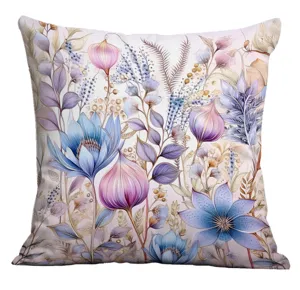 Botanical print throw pillow cover close-up detail, showing vibrant floral art pattern.