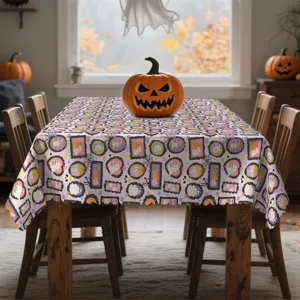 Λεπτομέρεια του τραπεζομάντηλου Halloween με χαριτωμένα μοτίβα φαντασμάτων και κολοκυθών.