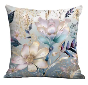 Decorative square floral throw pillow cover with elegant golden botanical design for sofa home decor