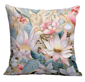Detail view of the decorative pillow cover featuring exquisite floral print with gold outlines.