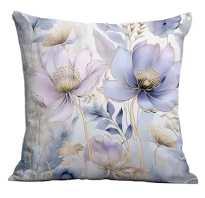 Close up of decorative throw pillow cover with elegant purple floral watercolor print design.