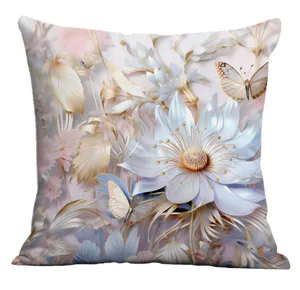 Detailed view of digital print pillowcase featuring elegant white flowers and gold butterflies.