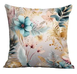 Botanical floral print throw pillow cover, elegant blue and pink decorative cushion case for sofa home.