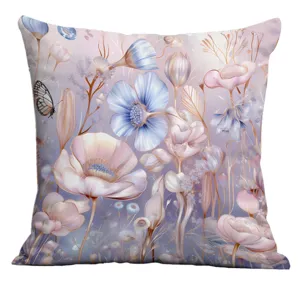 Closeup detail of digital printed floral watercolor cushion cover with soft pink and blue tones.