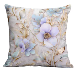 Exquisite digital printed floral cushion cover, elegant blue and purple flowers for sofa decor.
