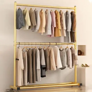 Dual Pole Clothes Rack Floor Standing Garment Storage Holder Heavy Duty Carbon Steel Balcony Bedroom Coat Hanger