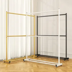 Double layer clothes rack floor standing garment pole home indoor double pole storage rack.