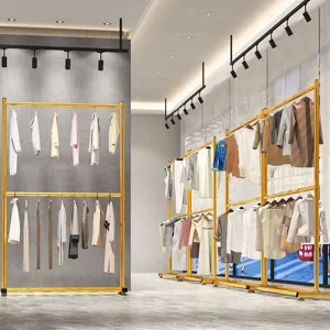 Double layer floor standing clothing rack golden metal double pole coat garment storage stand
