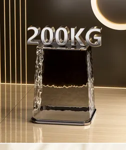 Detalle de papelera de lujo transparente con material acrílico y diseño de borde dorado.