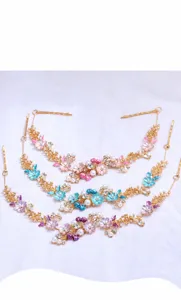 Enamel flower hair clip rhinestone pearl bridal hair accessories detail view 3pcs