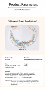 Elegant blue enamel floral hair vine with rhinestones and pearls, perfect for wedding bridal hair accessories.