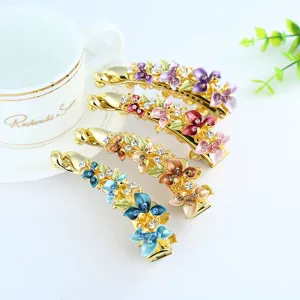 Vintage Alloy Painted Floral Banana Clip Rhinestone Hair Clip Elegant Hair Accessories For Women Hair Styling Jewelry Gift