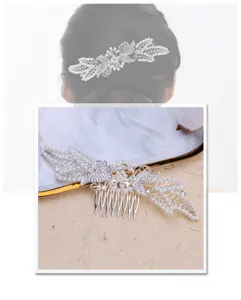 Close-up detail of rhinestone pearl butterfly hair comb, elegant wedding bridal hair pin.