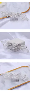 Detailed close-up of the elegant silver rhinestone butterfly hair comb with pearls for women styling.