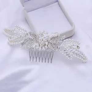 Elegant pearl rhinestone butterfly hair comb, alloy insert comb for women hair styling accessory.