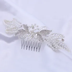 Silver alloy pearl rhinestone butterfly hair comb elegant bridal hair accessory for women