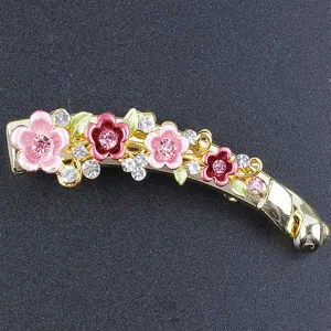 Enamel floral banana clip gold alloy hair clip with rhinestones for elegant women hairstyles