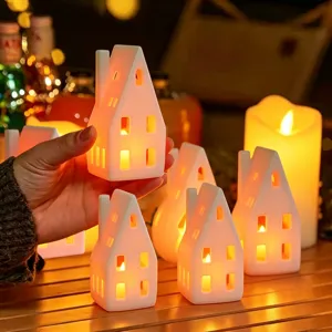 Weihnachten LED Haus Figur Weiß Hohl Harz Kerzenhalter Tisch Ornament Festliche Party Dekoration Beleuchtung