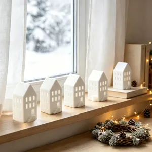 Witte keramieken huisje theelicht houders op vensterbank, gezellige winter kerstdecoratie.
