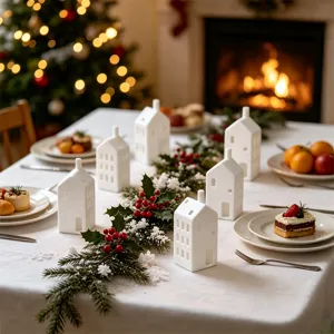 Gedetailleerd uitzicht van witte keramische huisje kandelaars op een feestelijke kersttafel.