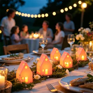 Gedetailleerd overzicht van verlichte huisjes, ideaal voor feestdagen en tafeldecoratie.