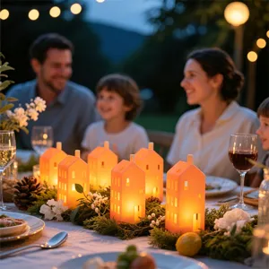 Gedetailleerd overzicht van verlichte miniatuur huis tafellampen voor een gezellige vakantiesfeer thuis.