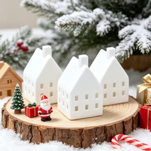 Christmas ceramic house tealight candle holder tabletop decor with mini Santa snow scene detail