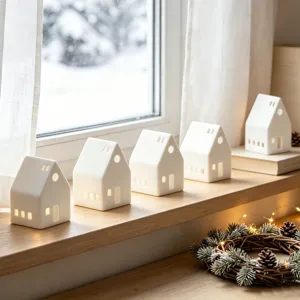 Detailopname van witte keramieken huisjes waxinelichthouders voor kersttafeldecoratie.