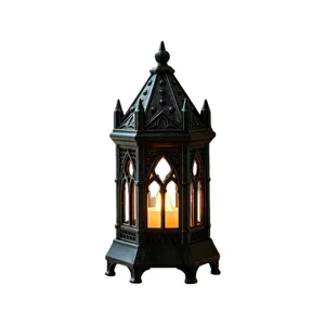 Gothic style black LED candle lantern decorative night light for holiday party tabletop decor.