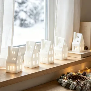 Nahaufnahme weißer Keramik-Häuser als Teelichthalter auf Fensterbank mit Schnee und Zapfendeko.