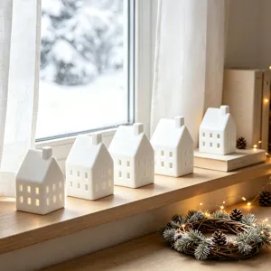 Detail shot of white ceramic house tea light candle holders on snowy windowsill with cozy lights.