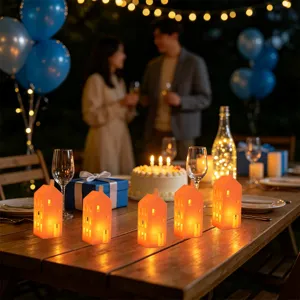 Warme oranje huis LED kaarslicht tafeldecoratie voor romantisch feest en vakantieviering.