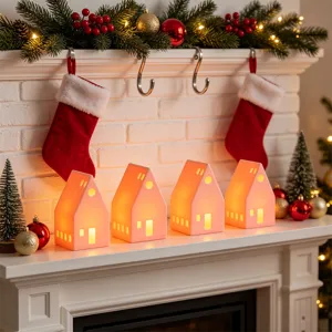 Kerst keramiek verlicht miniatuur huis kandelaar tafeldecoratie set voor vakantie feest.
