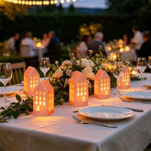 Gedetailleerd overzicht van keramische huisje theelichthouders met warm gloeiend licht.