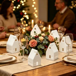 Kerstmis witte keramische huis kandelaar, 3D verlichte tafeldecoratie voor feestdagen.