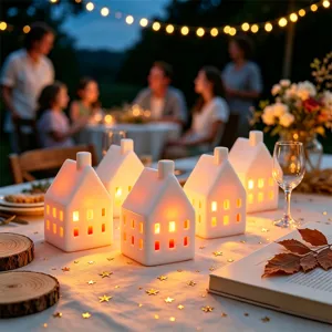 White ceramic light up house candle holder tabletop Christmas party festive decor details