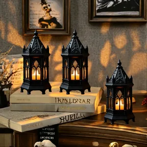 Gothic LED candle lantern set, vintage black night light for Halloween party home decor.