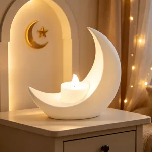 Vista detallada de un portavelas de media luna blanco con luz cálida para decoración.