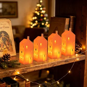 Kerst LED huis kandelaar set, oranje keramische desktop gloeiend ornament voor vakantie feest decor.