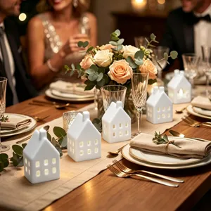Christmas white ceramic house candle holder tabletop glowing ornament for holiday party decor