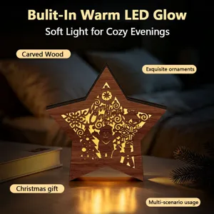 Wooden Christmas star light with warm LED glow, carved design for cozy holiday table decor.