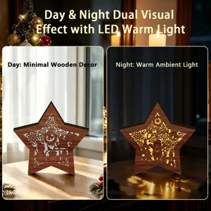 LED wooden Christmas star decoration with warm light, perfect holiday tabletop decor display.