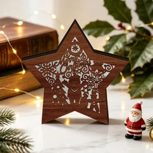 Wooden LED Christmas star night light tabletop decoration with hollow cutout festive Santa design.