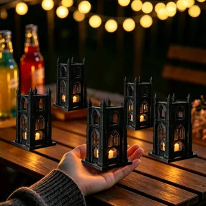 Gothic style architectural LED candle holder night light for party table decoration detail view.