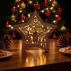 LED lighted wooden star Christmas decoration with hollow carved Santa and Merry Christmas text.