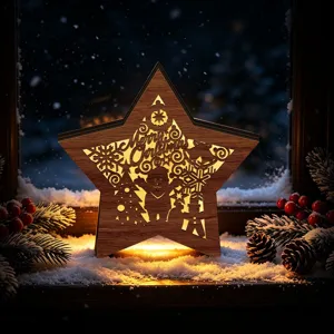 LED wooden Christmas star night light decoration with hollow Santa Claus and festive winter scene.