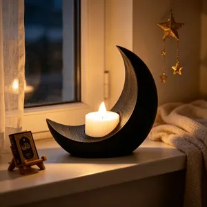Portavelas de media luna negro con luz LED, decoración de mesa festiva para el hogar acogedor.