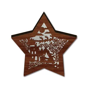 Wooden Christmas star decoration, LED luminous holiday desktop centerpiece display item.